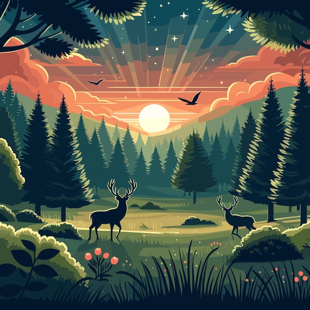 Vettore gratis Paesaggio con foresta al tramonto con cervi