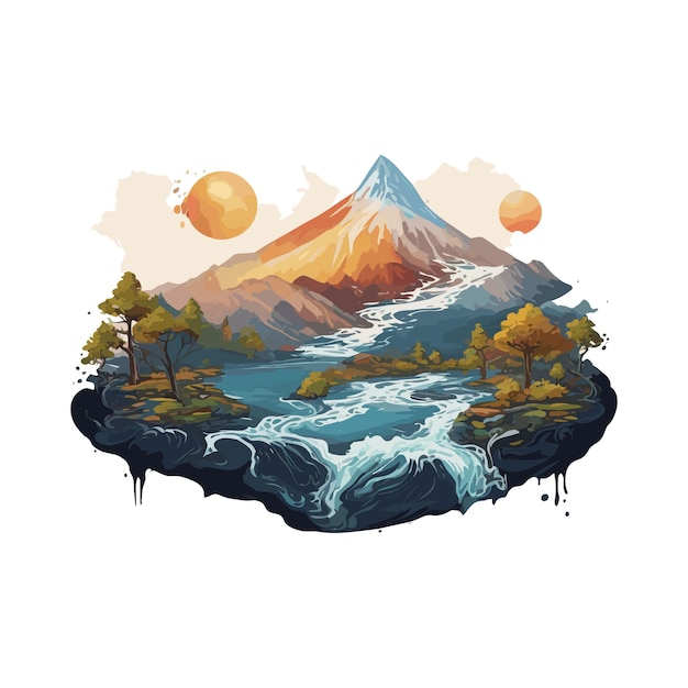 Vettore gratuito di pittura di design di magliette di montagne con alberi e acqua