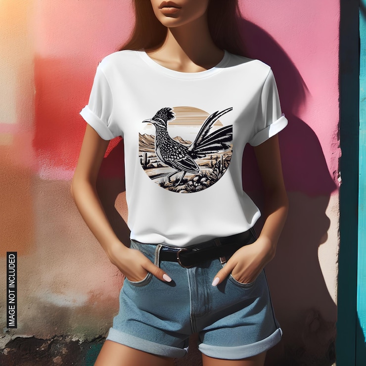 Vettore vettore gratuito roadrunner uccello t-shirt logo un uomo che indossa una camicia bianca mockup vista font