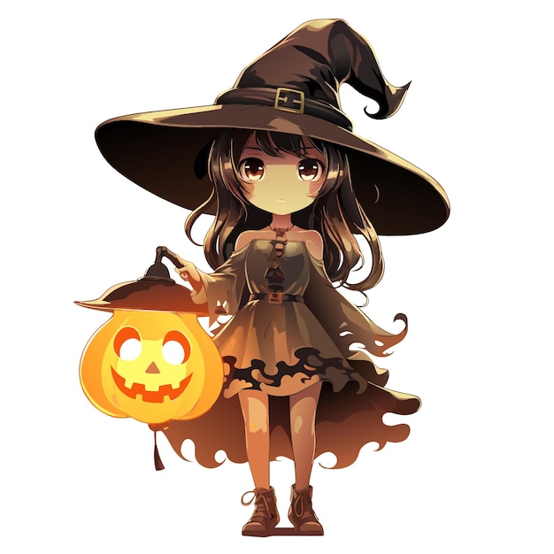 vettore halloween ragazza con zucche una strega con cappello una ragazza mago con jack o lantern illustrazione vettoriale su sfondo bianco