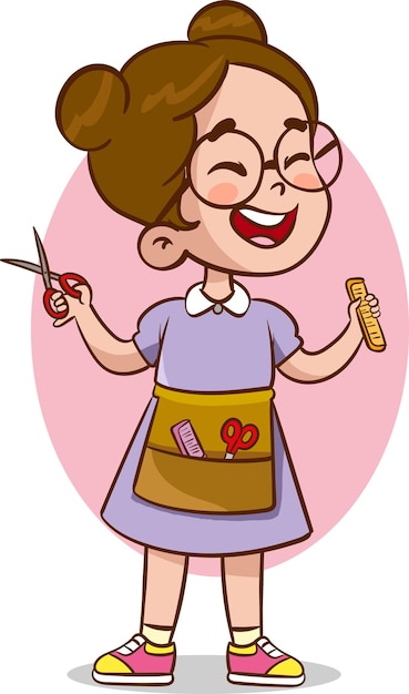 Vettore Illustrazione di Cute Little Hairdresser Girl Holding a Scissors and a Hairbrush