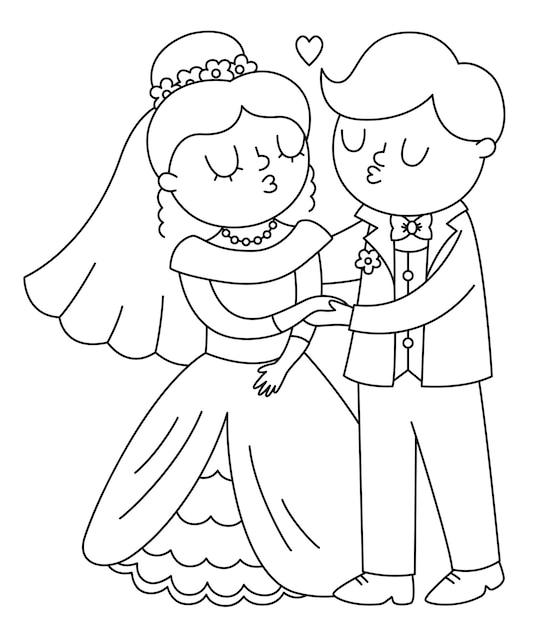 Vettore illustrazione in bianco e nero con la sposa e lo sposo che si baciano coppia appena sposata icona della linea della cerimonia di nozze pagina da colorare di cartoni animati di matrimonio con la coppia di nuovi sposati primo bacioxA