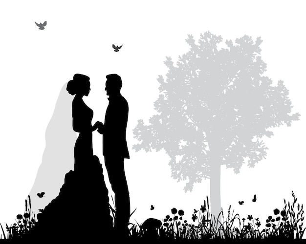 Vettore, isolato, silhouette di matrimonio, invito a nozze