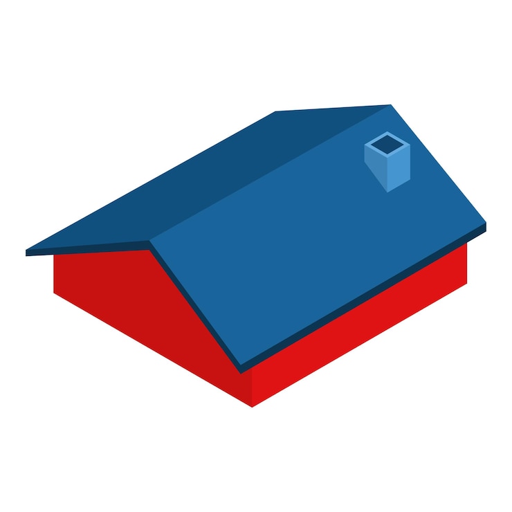 Vettore vettore isometrico dell'icona del tetto blu nuovo tetto di un edificio residenziale con camino concetto di costruzione e riparazione