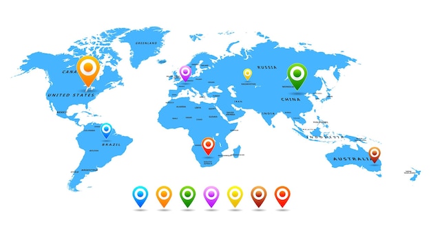 Vettore Mappa del mondo con puntatori isolati su sfondo bianco