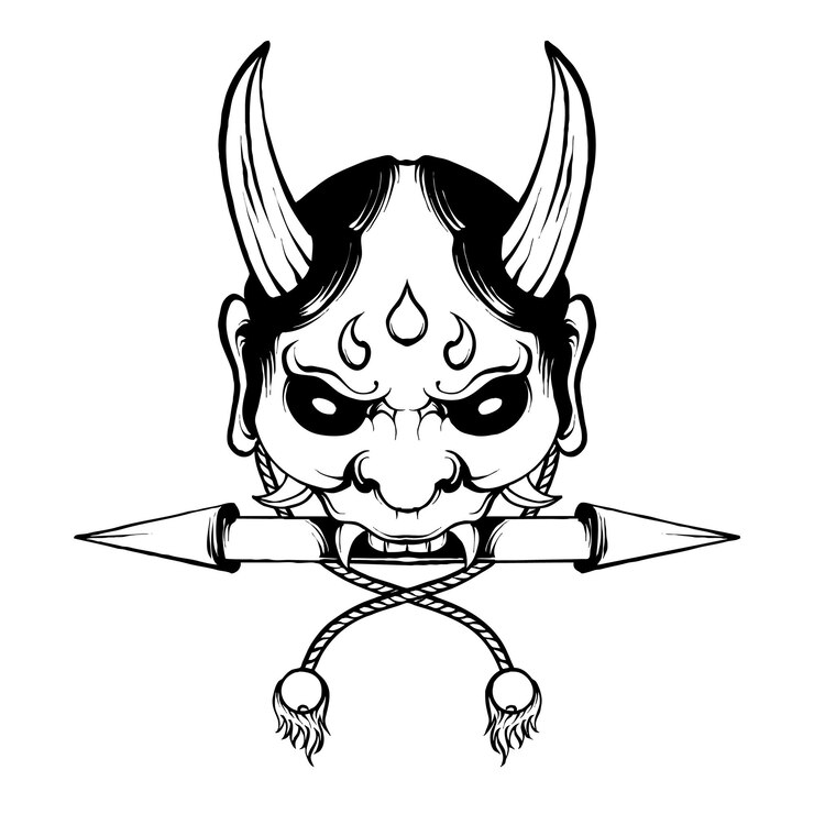 Vettore vettore maschera hannya in bianco e nero con spada kunai