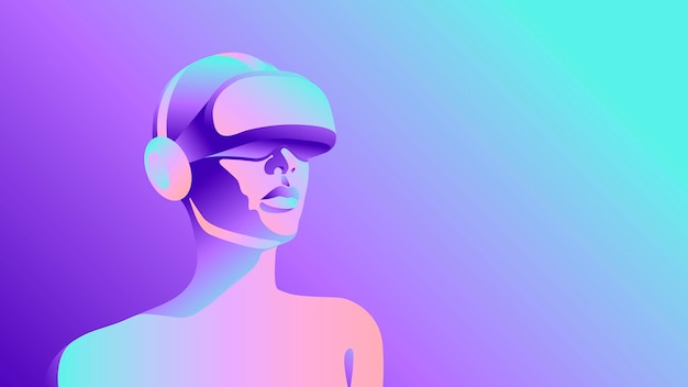 Vettore Metaverse orizzontale illustrazione Uomo in occhiali VR con bellissimi gradienti