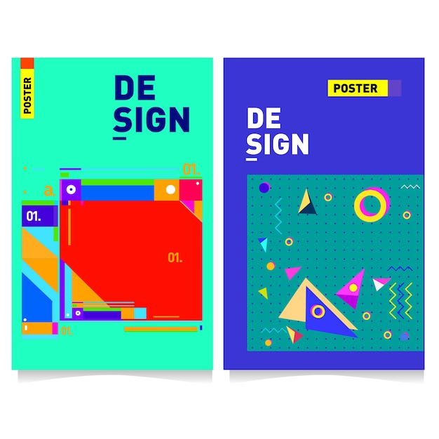 vettore Modello di Poster colorato con sfondo stile Memphis
