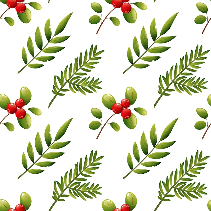 Vettore vettore modello senza cuciture di fogliame di natale rami di abete e bacche rosse mirtilli
