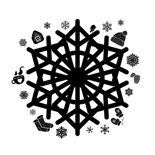 Vettore monocromatico della decorazione di inverno del fiocco di neve. Fiocco di neve decorato bevanda calda e costruzione della casa, cappello, guanti e calzini per il riscaldamento nella stagione fredda. Illustrazione del fumetto piatto in bianco e nero