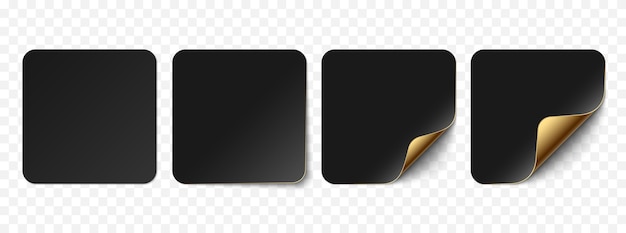 Vettore nero adesivi di carta realistici etichette di prezzo isolati su sfondo bianco Set di adesivi quadrati curvi con angolo dorato e ombre morbide illustrazione 3D per il vostro design