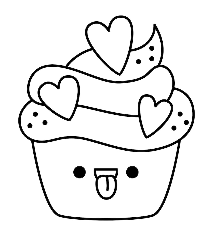 Vettore vettore nero e bianco kawaii cupcake icona con confetti a forma di cuore linea clippart torta carina dessert illustrazione divertente giorno di san valentino pagina da colorare per bambini con concetto di amore