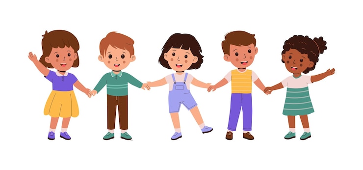 Vettore vettore piatto di felice amicizia di bambini che si tengono per mano