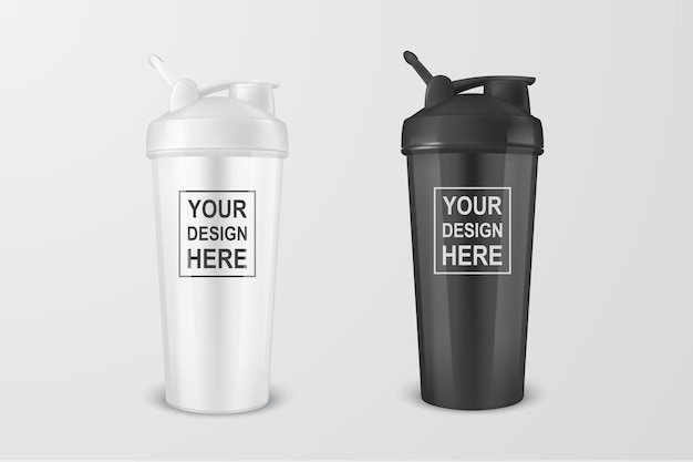 Vettore realistico 3d bianco e nero vuoto metallo lucido shaker per la nutrizione sportiva icon set primo piano su sfondo bianco. Modello di progettazione del modello di imballaggio per la grafica. Vista frontale.