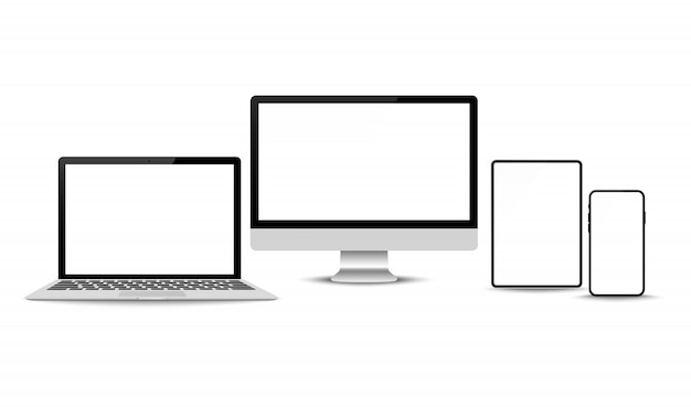 Vettore realistico. Set di dispositivi: monitor modello di laptop, tablet e telefono