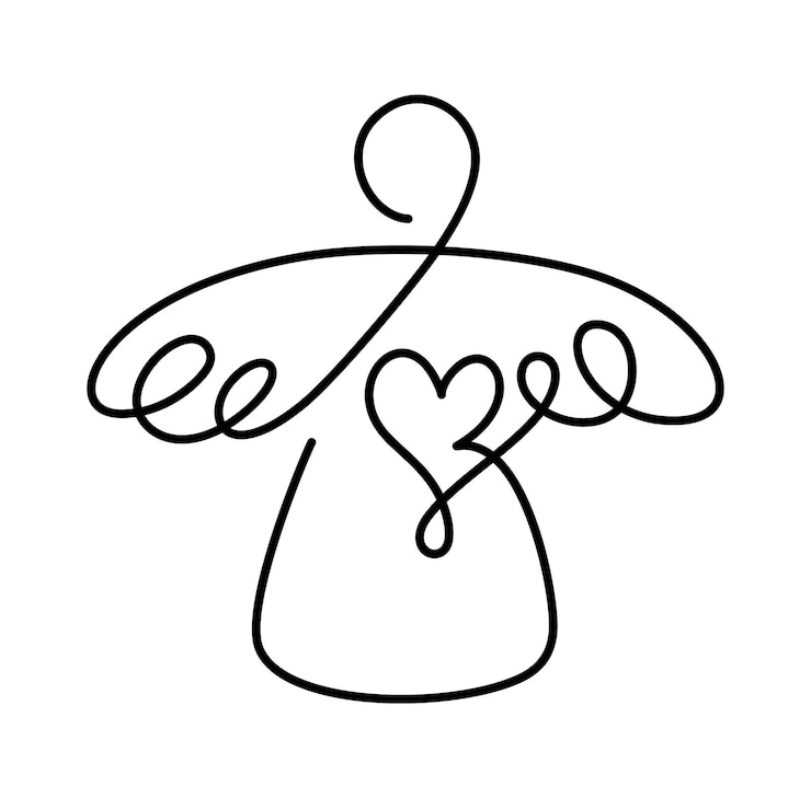 Vettore vettore semplice angelo di natale con cuore stampa continua di disegno a una linea per il design del logo dei vestiti