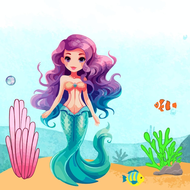 vettore sirena e pesci nel mare