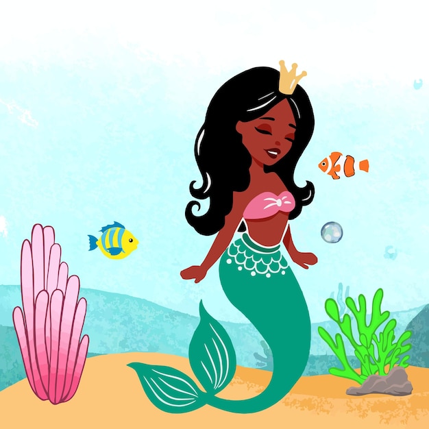 vettore sirena e pesci nel mare