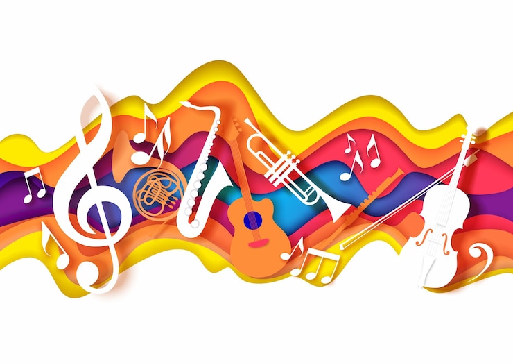 Vettore vettore stratificato carta tagliata stile artigianale composizione musicale di sassofono chitarra tromba violino strumenti musicali note su sfondo di colore astratto jazz concerto festival festa poster cartellone modello