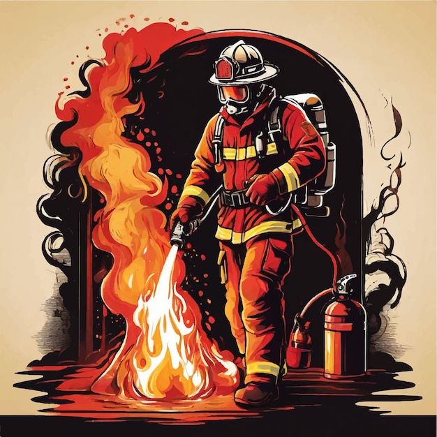Vettore Un vigile del fuoco sta spegnendo l'illustrazione del fuoco