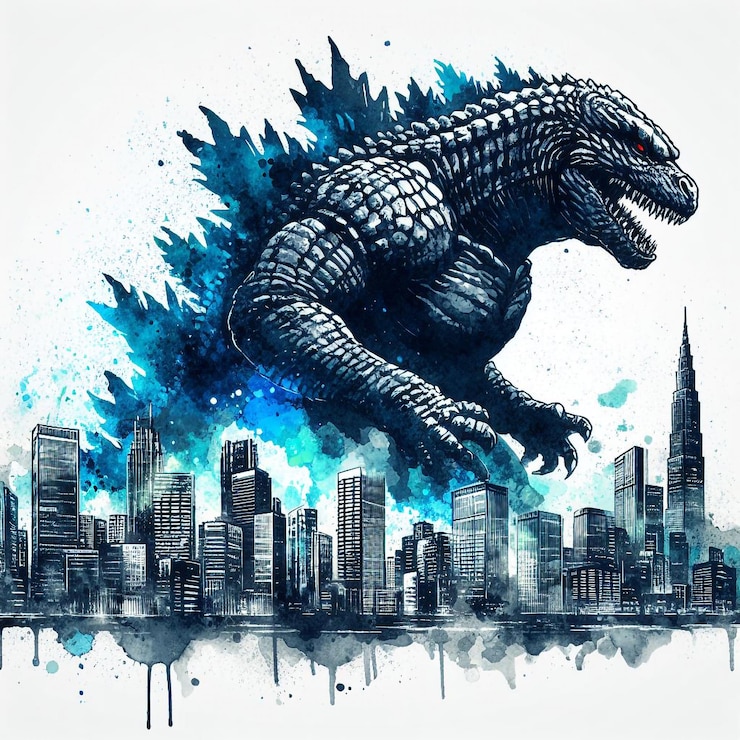 Vettore vettore una godzilla di fronte a uno skyline della città
