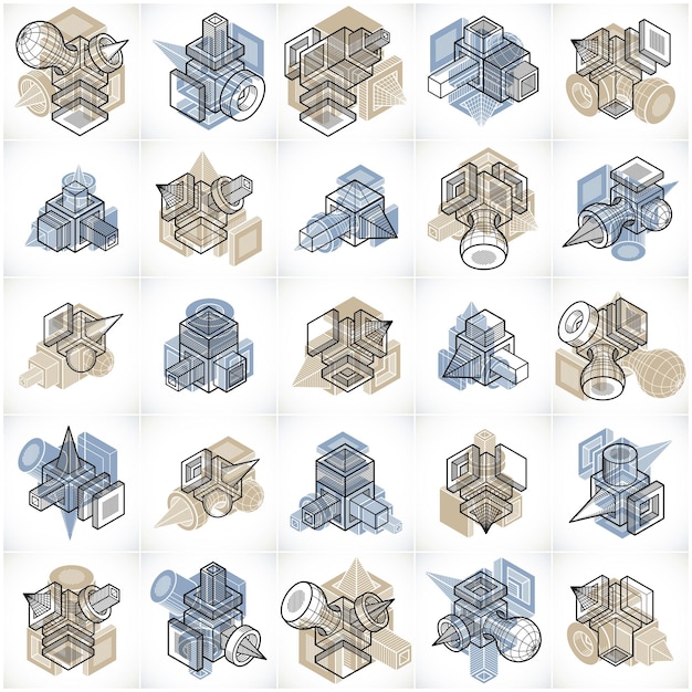 Vettori di ingegneria 3D, raccolta di forme astratte.