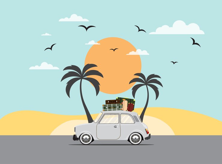 Vettore viaggiare in macchina. viaggio su strada. tempo di viaggiare, turismo, vacanze estive. illustrazione design piatto