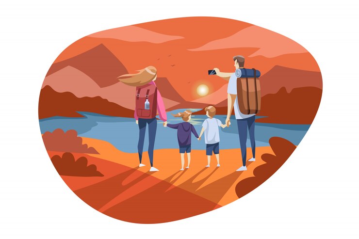 Vettore viaggiare, turismo familiare, natura, concetto di escursionismo