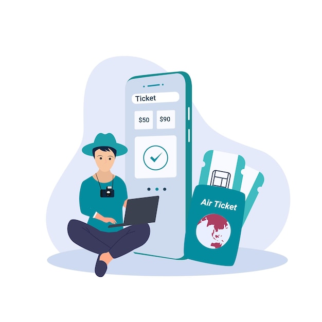 Viaggiatore con telefono cellulare e prenotazione o illustrazione del turismo