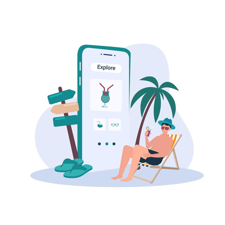 Viaggiatore con telefono cellulare e prenotazione o illustrazione del turismo