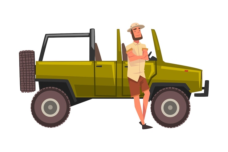 Vettore viaggiatore maschio in piedi davanti a una jeep auto suv african safari travel turista ragazza che esplora la fauna della savana illustrazione vettoriale di cartoni animati