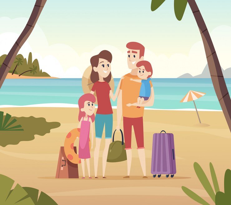 Viaggiatori estivi in famiglia. Bambini con i genitori che vanno alla grande avventura di vacanze estive sul fondo del fumetto del mare