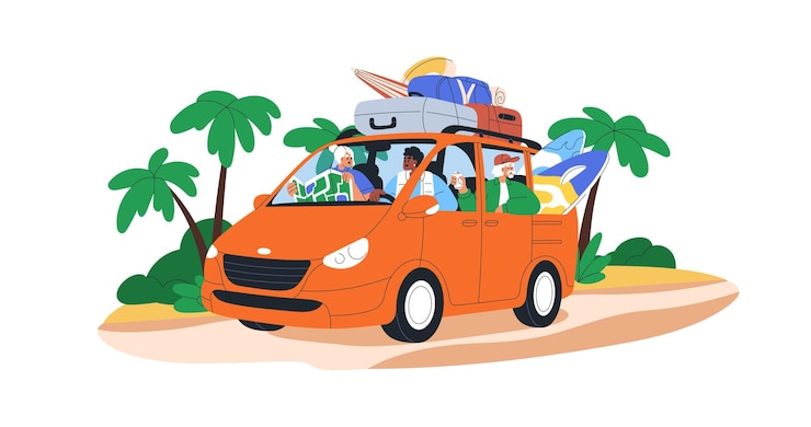 Vettore viaggio in auto viaggio in vacanza estiva persone che guidano un furgone in avventura di vacanza amici surfisti con bagagli via alla località marittima illustrazione vettoriale piatta isolata su sfondo bianco