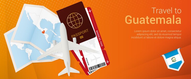 Vettore viaggio in guatemala pop-under banner. banner di viaggio con passaporto, biglietti, aereo, carta d'imbarco, mappa e bandiera del guatemala.