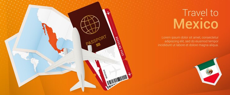 Vettore viaggio in messico pop-under banner. banner di viaggio con passaporto, biglietti, aereo, carta d'imbarco, mappa e bandiera del messico.