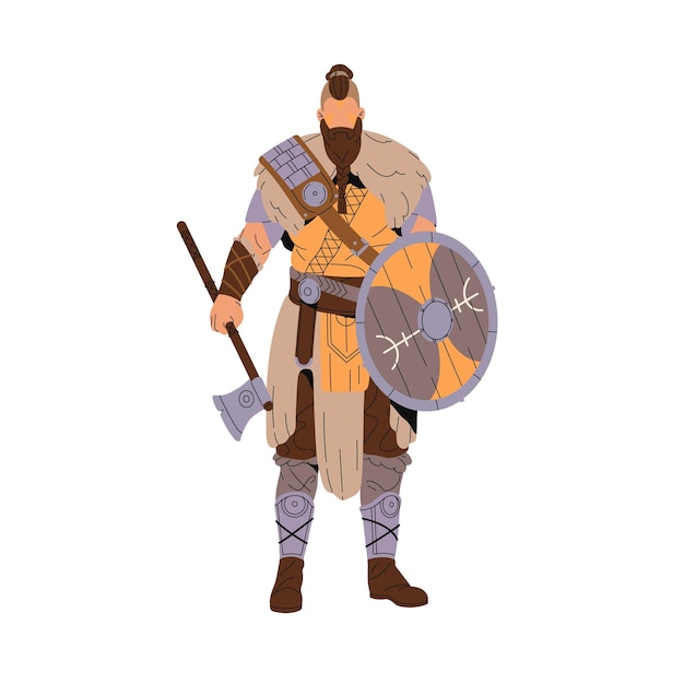Vichingo in pelle di animale tiene l'ascia Forte barbaro con armatura scudo di legno Soldato nordico medievale Guerriero con arma in mano Antico uomo scandinavo Illustrazione vettoriale isolata piatta su bianco