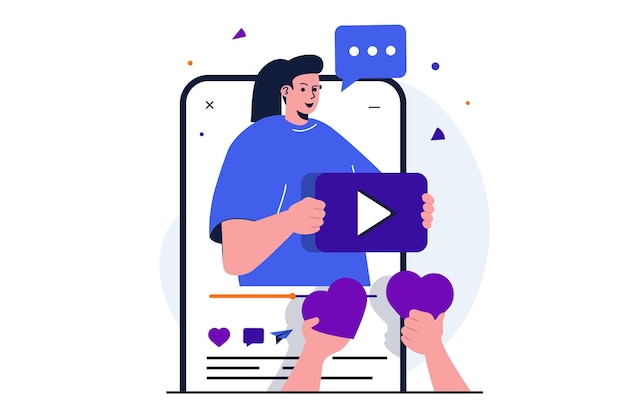 Video blogging moderno concetto piatto per la progettazione di banner web Blogger donna che realizza contenuti video raccoglie