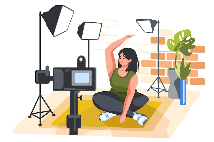 Vettore video blogging ragazza livestreaming allenamento a casa calma giovane donna seduta sul tappeto del pavimento in camera e facendo esercizio di yoga davanti alla fotocamera digitale illustrazione vettoriale