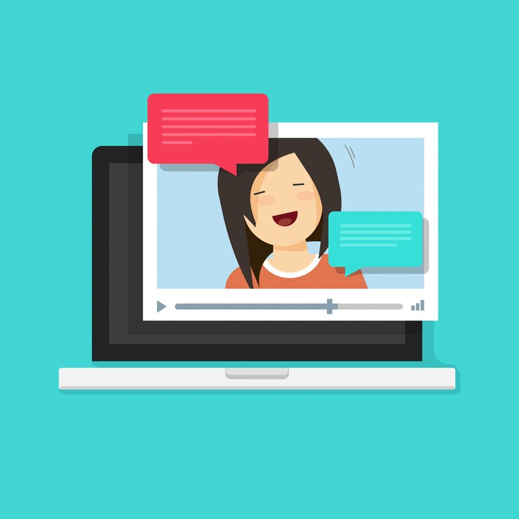 Vettore video chat online o chiamata internet sul computer portatile illustrazione in stile cartoon piatta