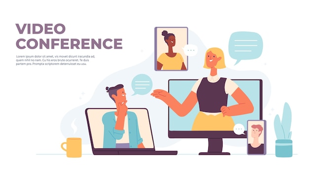 Video conferenza. Chiamata virtuale con persone che chattano sullo schermo di computer, smartphone, tablet e laptop. Gadget per il concetto di vettore di riunione online. Illustrazione chiamata online comunicazione internet