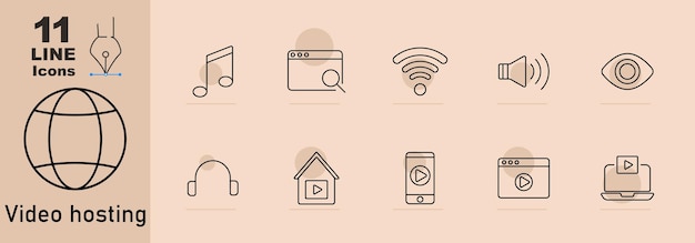 Video hosting set icona nota musicale finestra del browser segnale Wi-Fi volume suono icona occhio cuffie casa con pulsante di riproduzione cellulare con video portatile con video