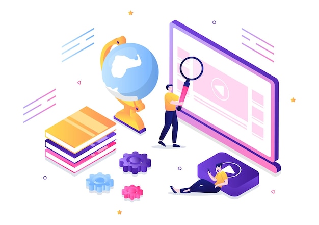 Video tutorial sfondo illustrazione vettoriale. Guardare e trasmettere in streaming online sul computer Informazioni sull'istruzione, conoscenza per banner Web, brochure, poster o copertina di libri