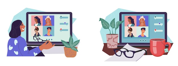 Videoconferenza e webinar di formazione a distanza banner per l'apprendimento a distanza e la collaborazione di team aziendali sessioni di formazione e webinar banner set di illustrazione vettoriale isolata su bianco