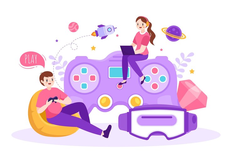 Vettore videogioco con bambini che giocano a gamepad fighting console su computer mobile android nell'illustrazione