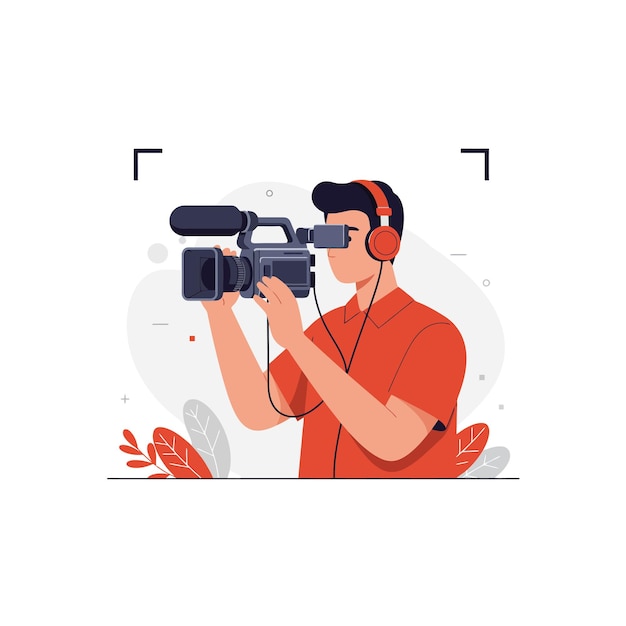 Videografo che filma con una videocamera professionale