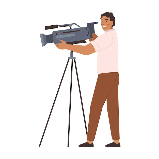 Videografo con fotocamera su treppiede che riprende video
