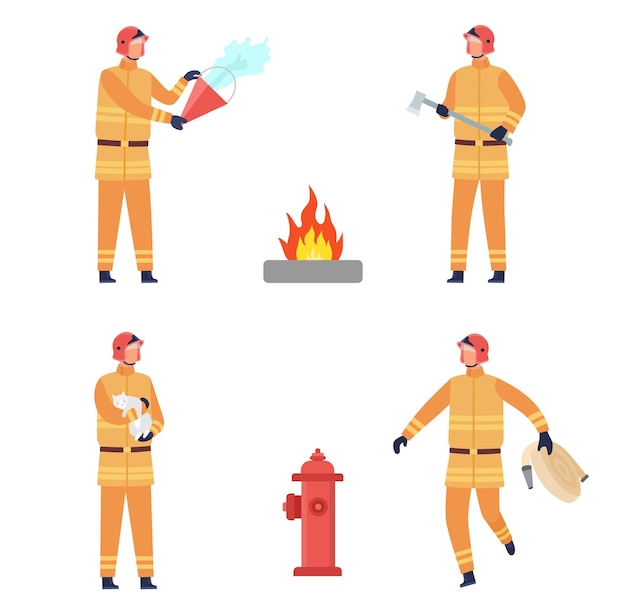 Vigile del fuoco piatto in uniforme Lavoratori professionisti che salvano il gatto che spegne il tubo flessibile e l'ascia che trasportano la fiamma