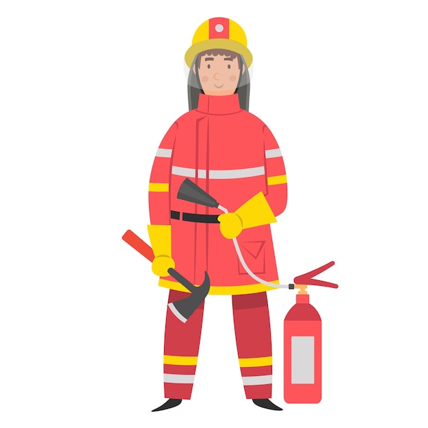 Vigile del fuoco piatto personaggio dei cartoni animati con ascia ed estintore. Illustrazione vettoriale.