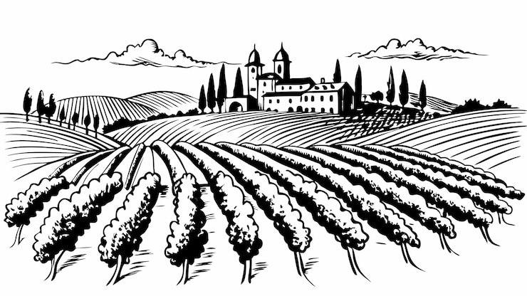 Vettore vigna di campagna rustica con colline ondulate e illustrazione di fattoria