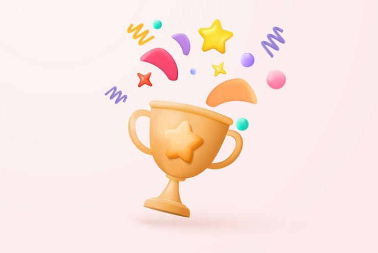 Vincitori 3d minimali con coppa d'oro Vincitori d'oro stelle con oggetti che galleggiano su sfondo oro Concetto di cerimonia di premiazione con rendering vettoriale 3d in stile cartone animato isolato su sfondo rosa pastello